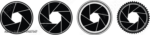 Set of four black and white camera lens aperture icons with different diaphragm blade shutter designs for photography and cinematography