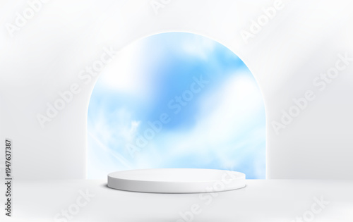 Round podium platform for product presentation. Minimal pedestal stage for display, showcase, advertising, branding. Sky and clouds background. Vector illustration. Realistic scene mockup. White color