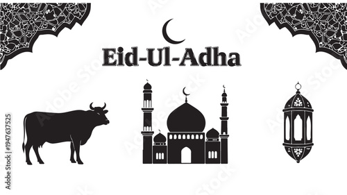 Eid Ul Adha Celebration Silhouette Graphic With Mosque Bull And Lantern