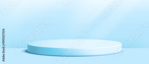 Round podium platform for product presentation. Minimal pedestal stage for display, showcase, advertising, branding. Modern design concept. Vector illustration. Realistic 3D scene mockup. Blue color.