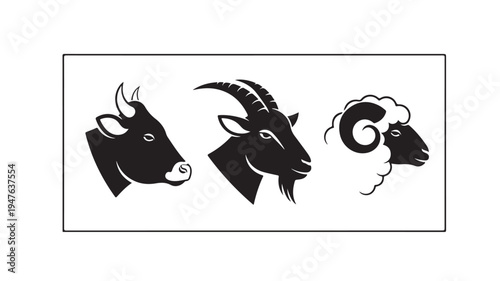 Black silhouettes of bull, goat, and ram heads on white background for zodiac sign concepts