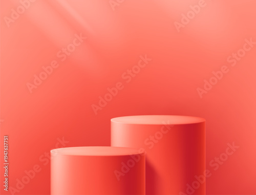 Round podium platform for product presentation. Minimal pedestal stage for display, showcase, advertising, branding. Modern design concept. Vector illustration. Realistic 3D scene mockup. Red color.