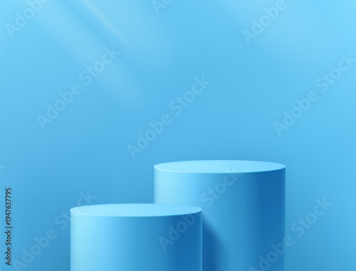 Round podium platform for product presentation. Minimal pedestal stage for display, showcase, advertising, branding. Modern design concept. Vector illustration. Realistic 3D scene mockup. Blue color.
