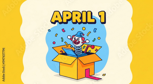 Clown jumping out of a box on april 1st with confetti symbolizing fun and pranks on april fool's day with a playful mood and colorful background