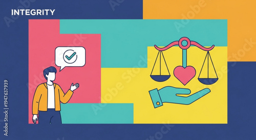 Integrity concept with a man scales of justice and a heart on a colorful background symbolizing honesty and fairness in business and personal life