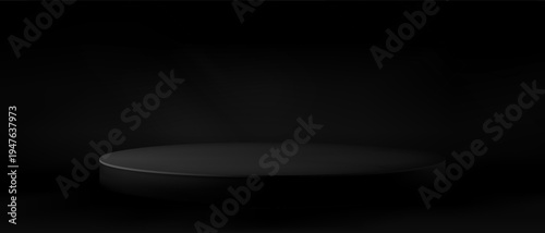 Round podium platform for product presentation. Minimal pedestal stage for display, showcase, advertising, branding. Modern design concept. Vector illustration. Realistic 3D scene mockup. Black color.
