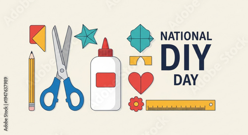 National diy day illustration with tools and supplies for crafting and handmade projects on a beige background