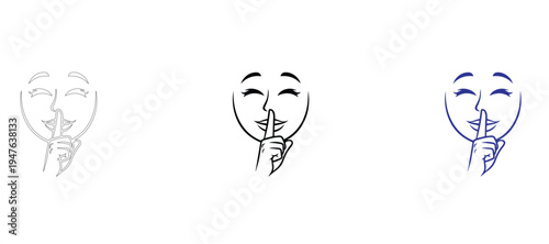  Minimalist Line Art of Face with Finger on Lips for Silence, Quiet and Secret Concept Vector Icon Set, Shh Gesture and Privacy Outline Illustration, Clean 2pt Stroke Design for Meditation