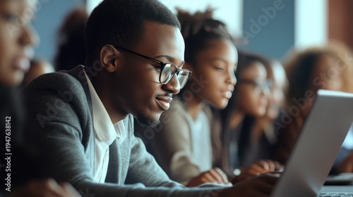 A group of diverse young adults engaged in a computer class or workshop together