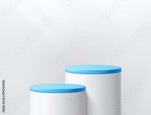 Round podium platform for product presentation. Minimal pedestal stage for display, showcase, advertising, branding. Modern design concept. Vector illustration. Realistic 3D scene mockup. Blue color.