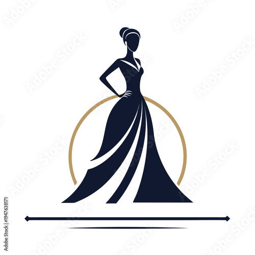 Elegant woman in a long flowing gown stands before a circular golden backdrop high quality