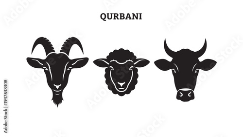 Qurbani Animal Silhouettes Goat Sheep Cow Heads For Eid Al-Adha Concepts