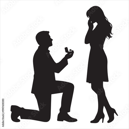 Black silhouette of man proposing to woman vector