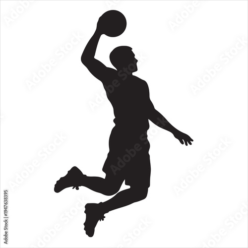 Black silhouette of a basketball player jumping to dunk a ball