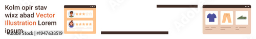 User experience, e-commerce, online reviews, digital shopping, product evaluation, star ratings. Two browser windows showing user reviews with ratings and a product display. User experience