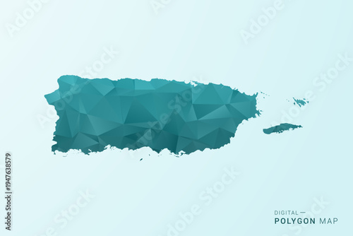 Puerto Rico Map - Polygon style vector illustration in teal blue-green low poly geometric design, modern minimal silhouette.
