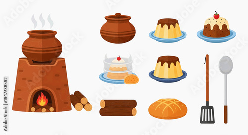 An illustration shows various baked goods and desserts around a clay oven with utensils.