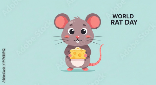 Cute cartoon rat holds cheese on world rat day with cheerful expression on light blue background