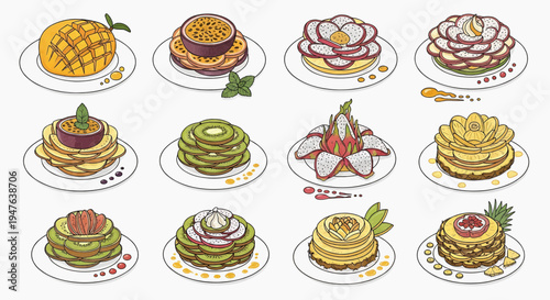 A vibrant display of various pancakes and waffles with fresh fruits and syrups on plates.