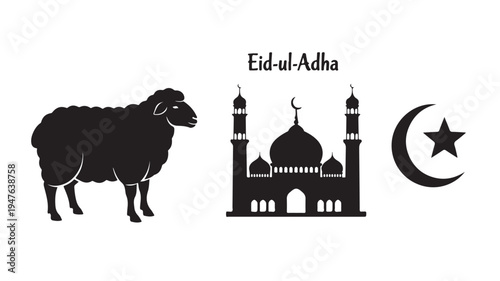 Eid ul Adha Celebration Silhouette With Mosque Sheep And Crescent Moon