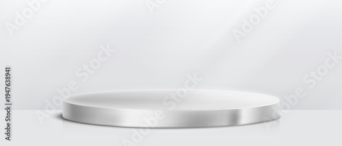 Round podium platform for product presentation. Minimal pedestal stage for display, showcase, advertising, branding. Modern design concept. Vector illustration. Realistic 3D scene mockup. Silver.