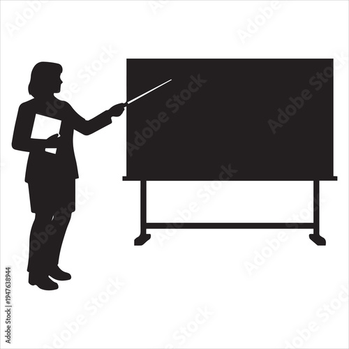 Vector silhouette of businesswoman presenting at blackboard