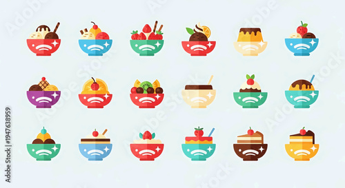 A vibrant illustration of various desserts in bowls on a table indoors