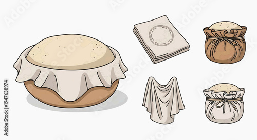 An illustration of a pie with a cloth cover and several pouches and a book are shown on a table indoors.