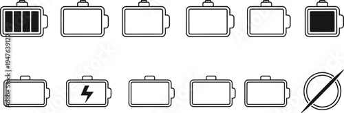 Battery life indicator icon set, cad drawing flat vector illustration, charging status levels, energy power symbols, mobile phone interface elements.