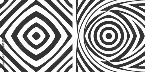 Optical illusion with swirling and geometric black and white patterns