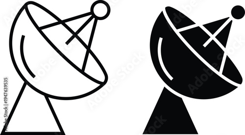 Black and white satellite dishes with triangular bases and circular signal receivers