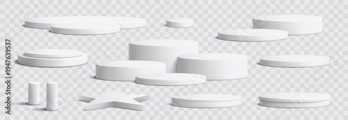 Round podium platform set for product presentation. Minimal pedestal stage for display, showcase, advertising, branding. Modern design concept. Vector illustration. Realistic scene. White color.