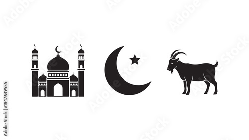 Black Silhouette Of Mosque Crescent Star And Goat For Islamic Holiday Concepts