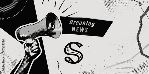A hand holding a megaphone announces breaking news with a stylized design