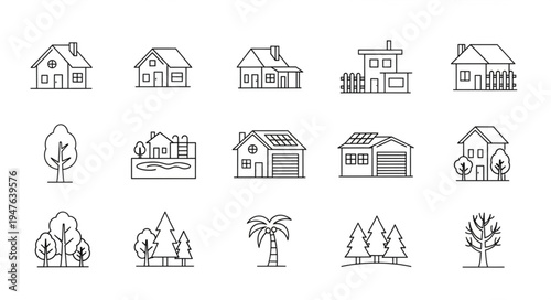 Collection of Hand-Drawn House and Tree Icons.