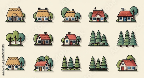 Collection of Hand-Drawn Houses and Trees in a Whimsical Style.