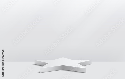 Star shape podium platform for product presentation. Minimal pedestal stage for display, showcase, advertising, branding. Modern design concept. Vector illustration. Realistic scene. White color.