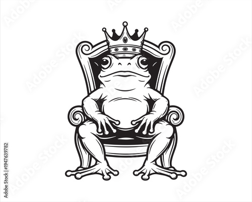 Frog King Sitting on Throne Line Art Illustration – Cartoon Royal Frog Character