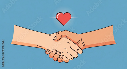 Two hands shaking with a heart above symbolizing love friendship and partnership on blue background