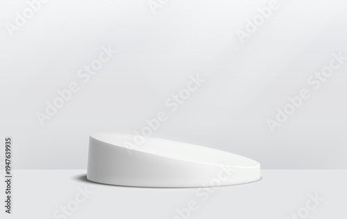 Round podium platform with incline for product presentation. Minimal pedestal stage with slope for display, showcase, advertising, branding. Vector illustration. Realistic 3D scene mockup. White color