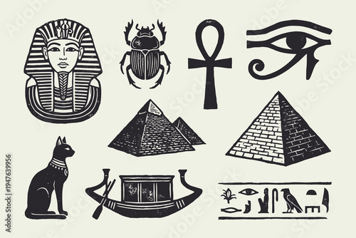 Ancient Egyptian Symbols Linocut Style Icon Set