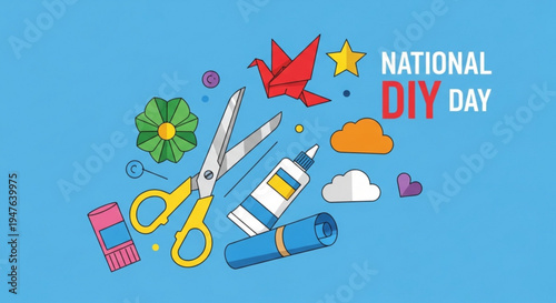 National diy day illustration with scissors glue and colorful crafting supplies on blue background