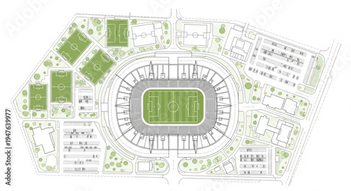 Overhead view of a stadium with surrounding fields and parking.