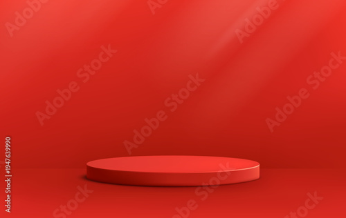 Round podium platform for product presentation. Minimal pedestal stage for display, showcase, advertising, branding. Modern design concept. Vector illustration. Realistic 3D scene mockup. Red color.