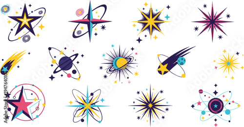Retro Atomic Starburst and Space Elements Collection with Planets, Orbit Rings and Mid Century Cosmic Design Illustration SetRetro Atomic Starburst and Space 
