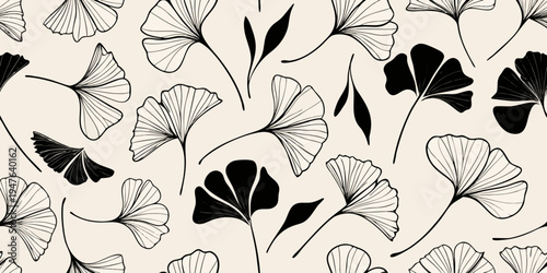 Delicate ginkgo biloba leaves create a seamless black and white pattern