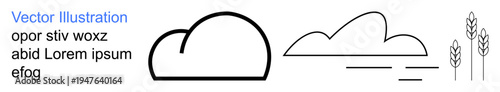 Weather symbols, nature conservation, agricultural , minimalist design, eco concepts, line art. Cloud shapes with wheat sprigs. Weather symbols and nature conservation concept