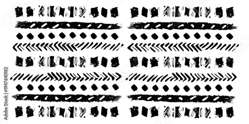 Abstract black brushstrokes and geometric patterns on a white background