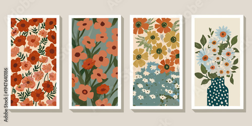Four botanical wall art prints featuring colorful floral arrangements