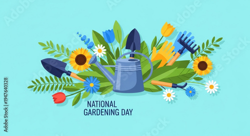 National gardening day illustration with watering can tools and colorful flowers on light blue background